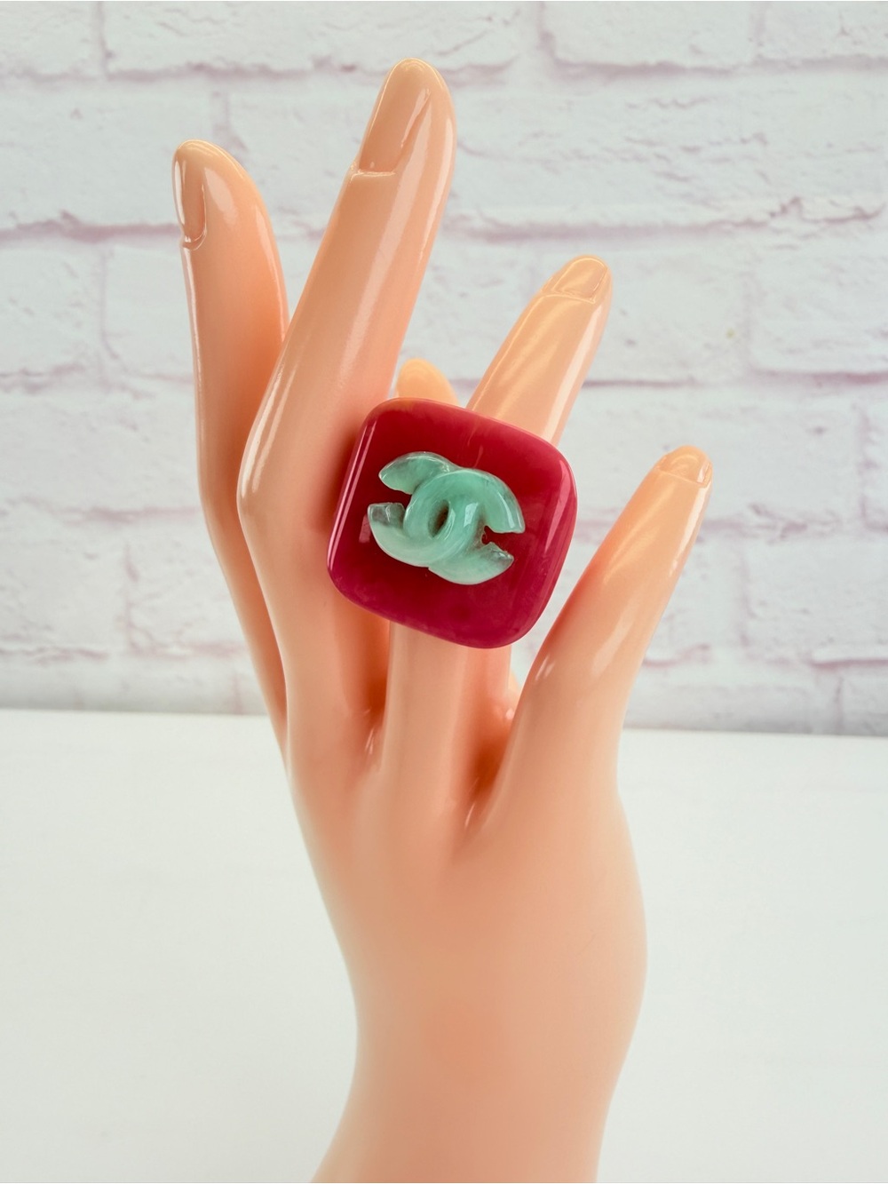 CHANEL Red and Mint Resin Cocktail CC Logo Statement Ring
